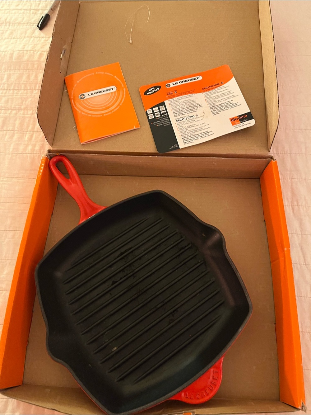 Le Creuset Red Square Cast Iron Grill Pan with Black Interior